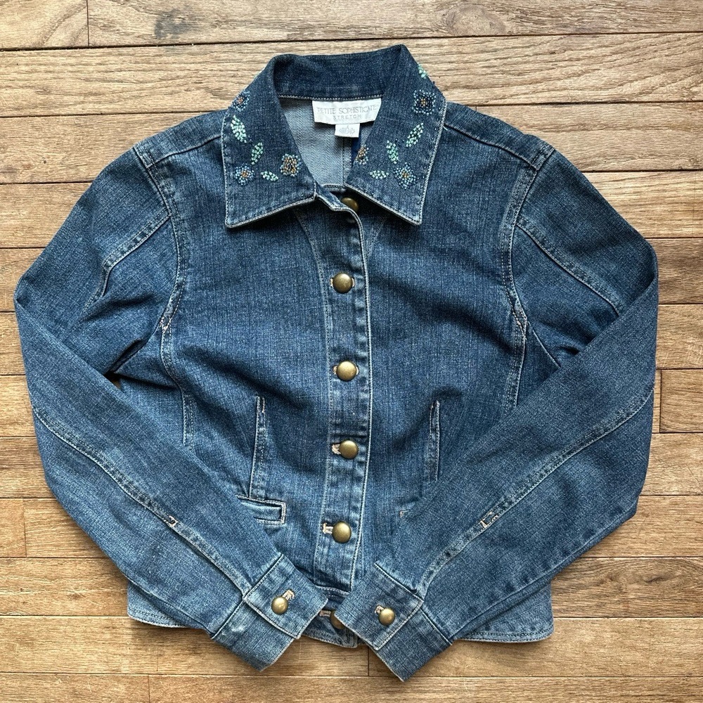 Petite Sophisticate Jean Jacket 90s Y2K Crop Beaded Floral Boho Chic Sz 2 Denim‎